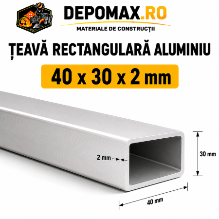 Teava rectangulara aluminiu 40 x 30 x 2 mm, 6 metri (EN AW-6060)